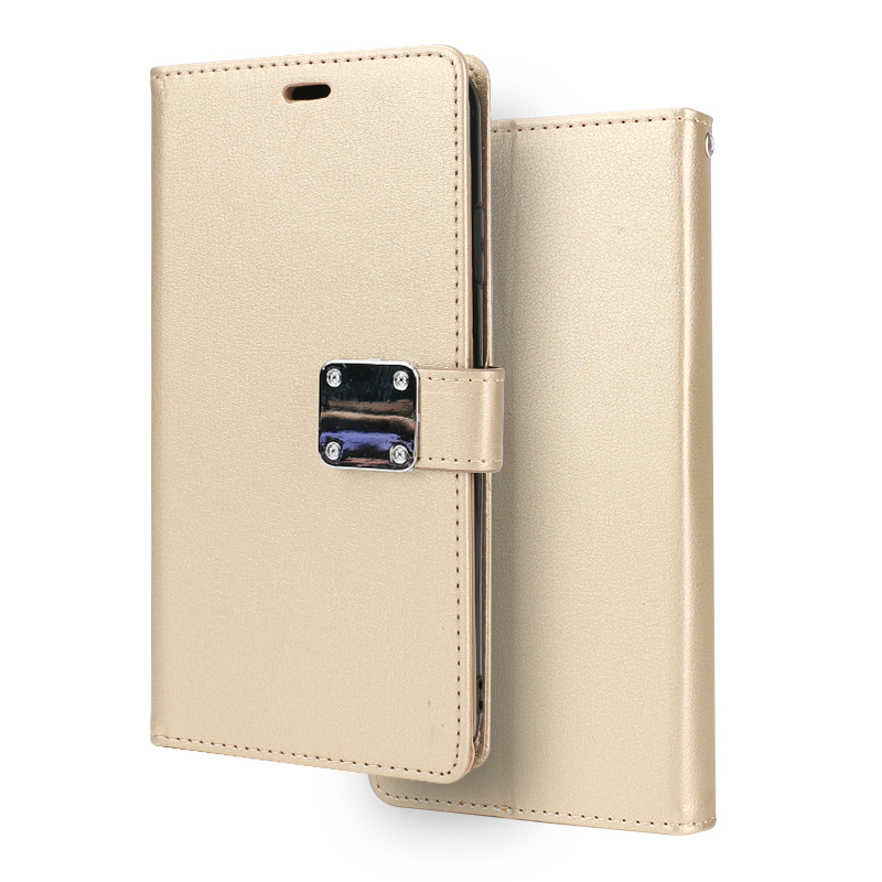 iPhone Xr 6.1in Multi Pockets Folio Flip Leather WALLET Case with Strap (Gold)